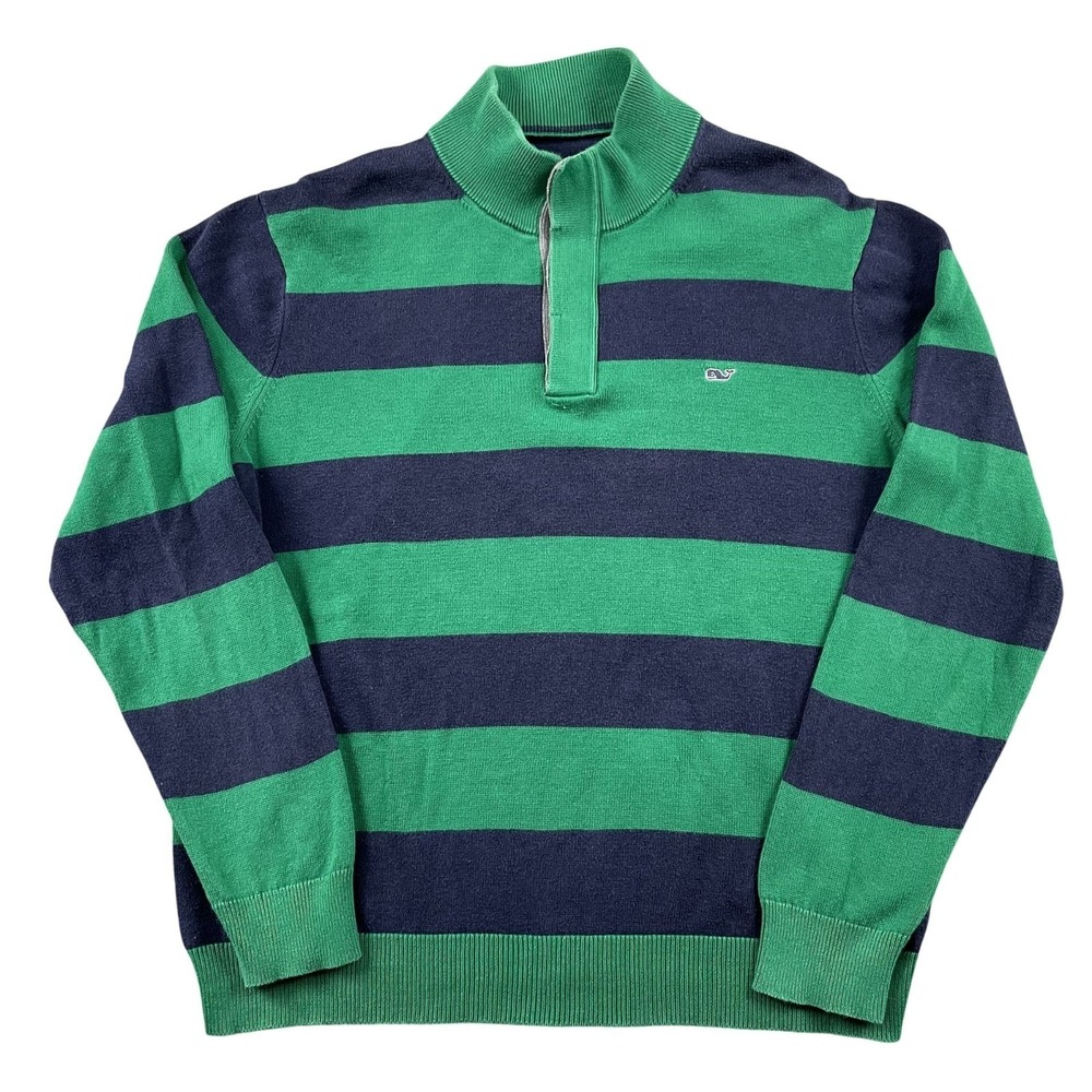 Vineyard Vines Sweater Mens Large Navy Green Striped Henley Pullover